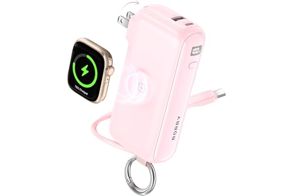 RORRY Flow Portable Charger, 10000mAh 40W Fast Charging Power Bank with Built-in USB C Cable and Foldable Wall Plug, Battery Pack Travel Essentials for iPhone 17/16/15, Apple Watch, iPad, MacBook