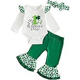 Summffie My First St Patricks Day Baby Girl Outfit Newborn Long Sleeve Romper + Clover Bell Bottoms + Headband Spring Clothes