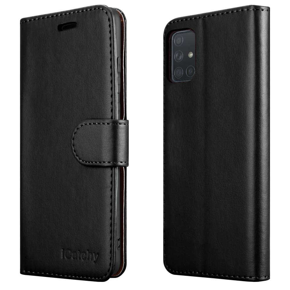iCatchy For Samsung Galaxy A71 Case Leather Wallet Book Flip Folio Stand View Cover Compatible with Samsung Galaxy A71 Phone Cover (Black)