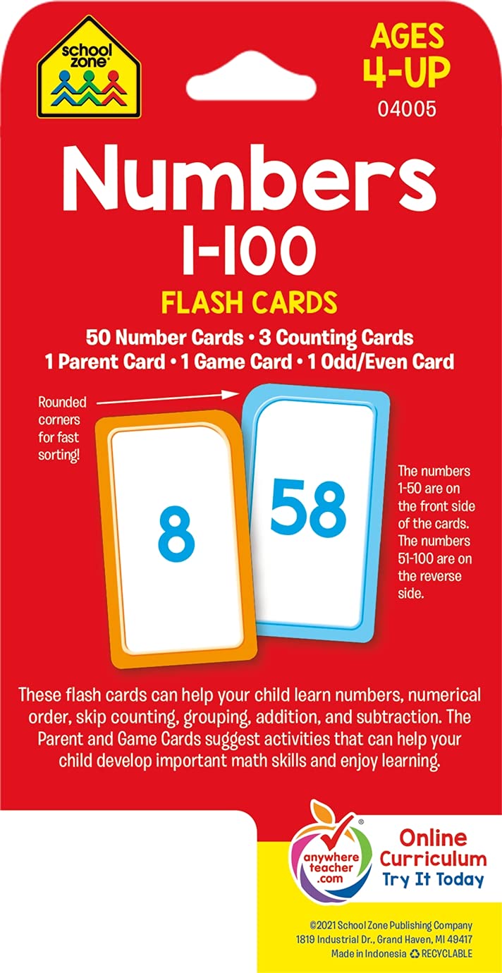 school zone numbers 1 100 flash cards ages 4 preschool kindergarten 1st grade numerical order addition subtraction odd even counting skip counting grouping and more school zone joan hoffman 9780938256908 amazon com books