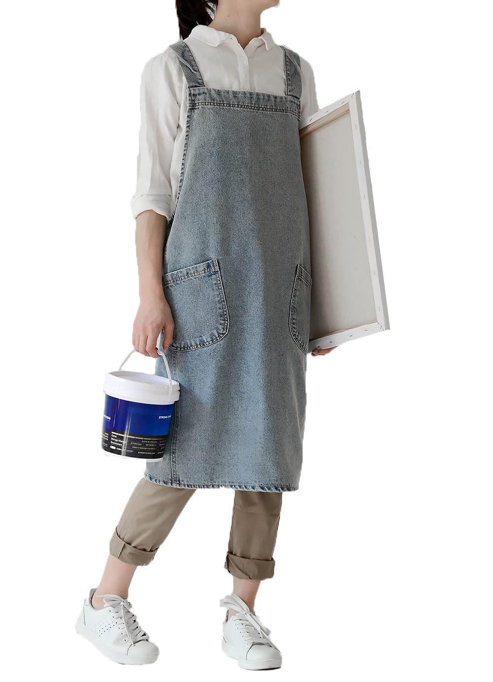 Pincy Unisex Denim Apron No-ties - Cross Back Apron with Pockets for Cooking Kitchens (Light Blue)