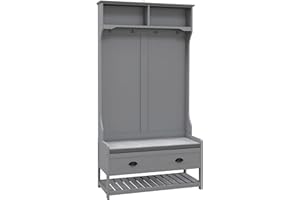 HOMCOM 3-in-1 Hall Tree, Entryway Bench with Coat Rack, Mudroom Bench with Shoe Rack, 2 Storage Drawers, 4 Hooks and Padded Seat Cushions for Hallway, Gray