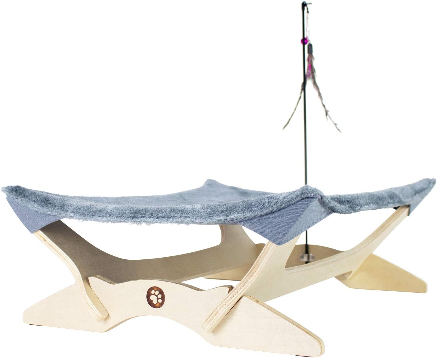 FrontPet Plush Cat Hammock Bed - Faux Fur Luxury Lounger for Cats and Small Dogs, Includes Wood Base, Comfy Bed Hammock, and Feather Toy