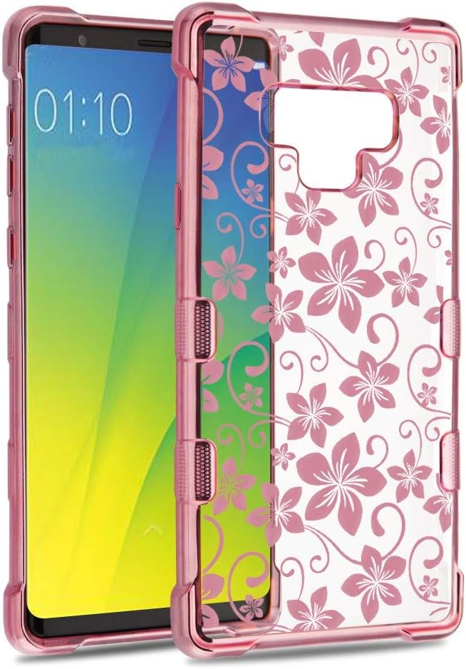 Galaxy Note 9 Case, ATUS Hibiscus Flower Protective Slim TPU Case with Rose Gold Plating, Clear (Rosegold/Clear)