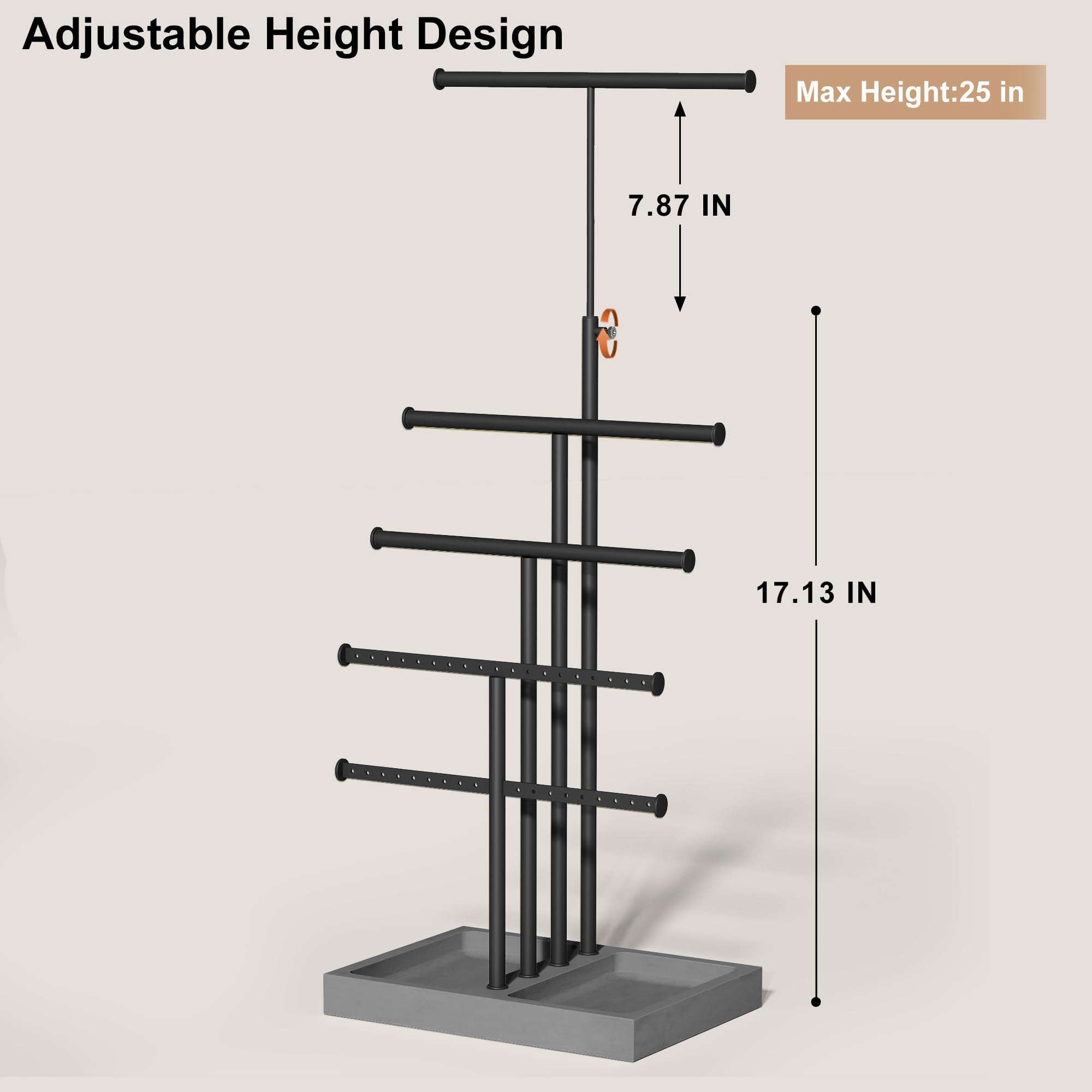 Love-KANKEI Love-KANKEI Jewelry Organizer Stand,5 Tier Large Necklace Holder with Wood Base,Jewelry holder stand Tree for Display,Bracelets Earrings Rings,Height Adjustable Gift Weathered Grey