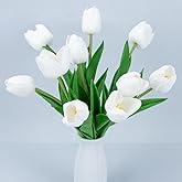 MAQIHAN 10 White Tulips Artificial Flowers - Real Touch Fake Tulips, Realistic Faux Plastic Flowers Bouquet for Home Dining Table Decoration