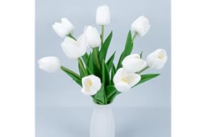 MAQIHAN 10 White Tulips Artificial Flowers - Fake White Tulips Real Touch Flowers Artificial Tulips That Look Real Realistic 