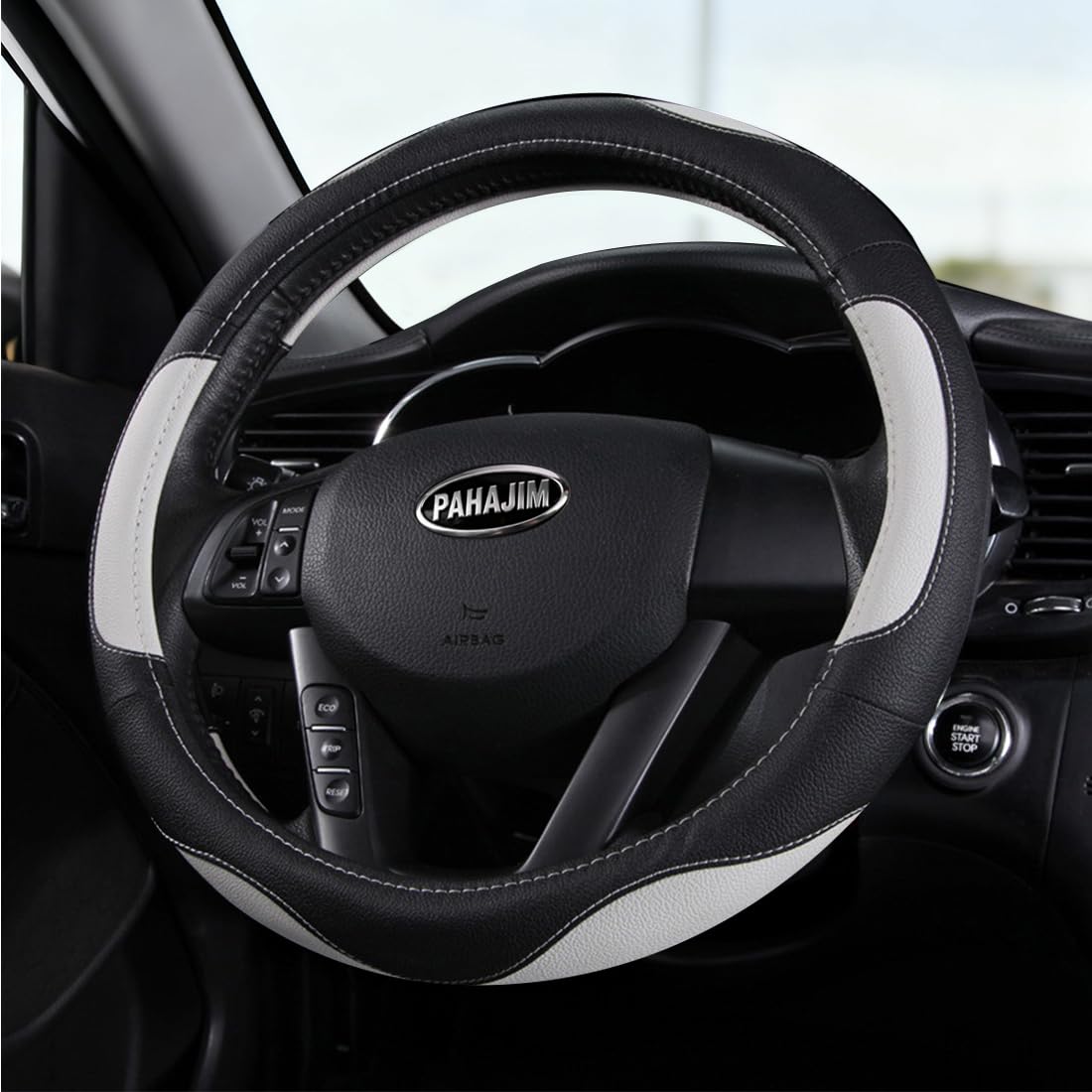 Pahajim Car Steering Wheel Covers Soft Microfiber Leather Universal 15 Inch Car Wheel Cover Breathable Anti-Slip Anti Skid Accessories Interior for Women Men (black-white)