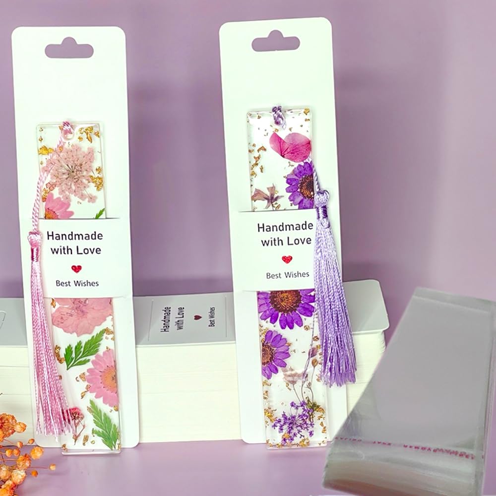 Photo 1 of 100 Set Bookmark Holder Packaging, Handmade with Love Bookmark Display Cards with Bags Hanging Resin Book Mark Sleeves Small Business Packaging Supplies for Selling Items Package Party Favors (White)