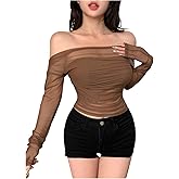 SHENHE Women's Mesh Off The Shoulder Top Sheer Long Sleeve Ruched Fitted Rave Concert Crop Shirt