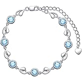 Plesitep Heart Bracelet Sterling Silver Adjustable Love Heart Bracelet With Round Blue Zircon Crystal Birthday Mother's Day for Women Sisters Mom