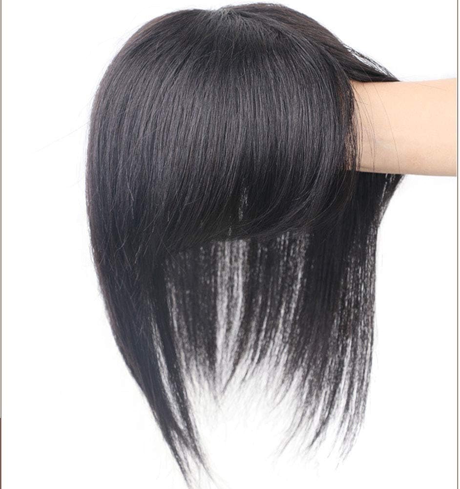 LEBIYOU Various Length Real Human Hair Clip in Topper Top Hairpiece with Bangs for Women with Thin Hair with Bangs (25cm/9.8", Natural Black)