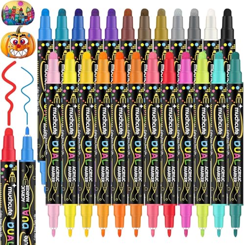 Acrylic Paint Markers Pens, 24 Dual Tip Acrylic Markers Set Wood Glass Fabric Ceramic Scrapbook Rock Paint Pumpkin Painting Kit Decorating Art Craft Supplies Kids Adults Christmas Stocking Stuffers