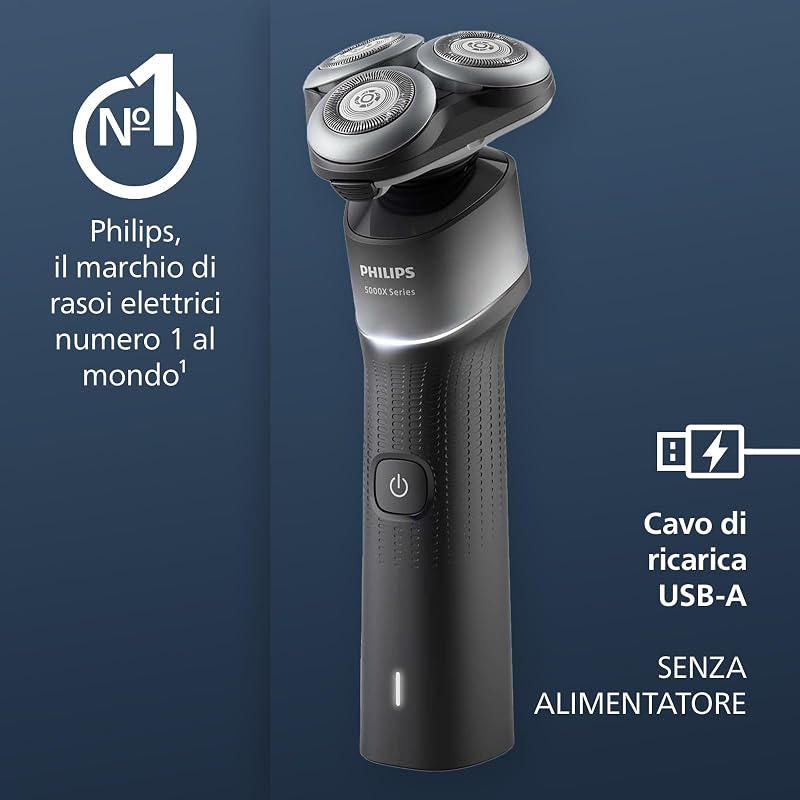 Shaver 5000X Series Rasoio elettrico Wet and Dry con tecnologia Skin Protect, testina flessibile a 360°, 1 ora di ricarica/ricarica rapida di 5 minuti, cappuccio a P, Argento, modello X5004/00