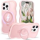 Amzfield for iPhone 13 Pro Max Case, Compatible with Magsafe with Invisible Magnetic Ring Stand Wavy Frame Cute Translucent Hard Back Silicone Bumper Shockproof Phone Case Women Girls, Pink