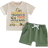 Onfmst Toddler Baby Boy Clothes Summer Short Sleeve Diggers Trucks T-Shirt Tops Solid Color Shorts Set 2Pcs Casual Outfit