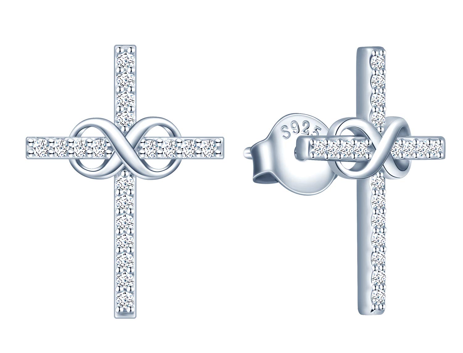 MicLee Woman's girl's Earrings Studs, 925 Sterling silver Cross earrings, cross infinity symbol earrings studs, Inlaid zircon, silver