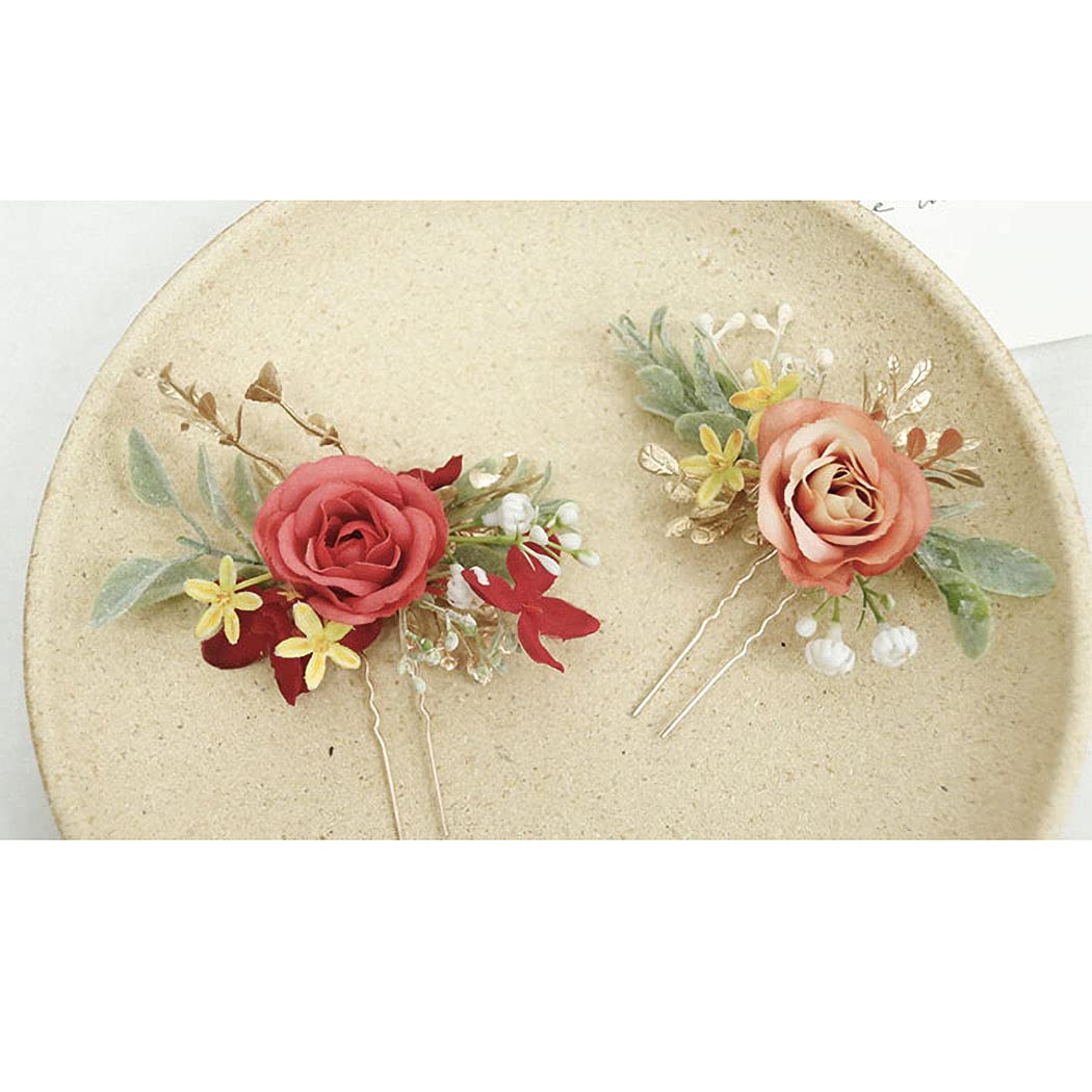 IYOU Flower Leaves Hair Pins Red Wedding Headpiece Bridal Prom Hairpins Hair Accessories for Women and Girls(2 Pcs)