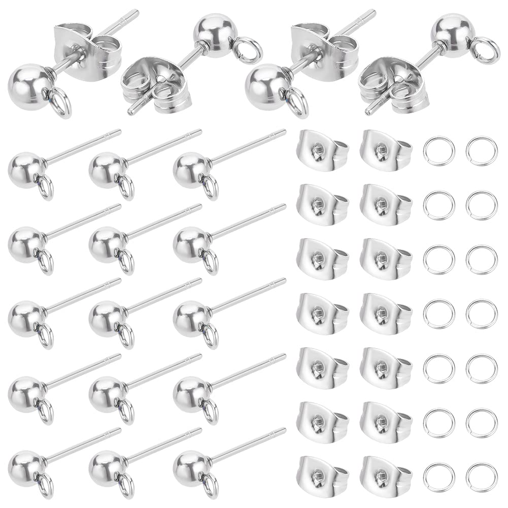 PH PandaHall 300pcs Ball Post Earring Studs, 304 Stainless Steel Ball Stud Earring Findings with Butterfly Earring Backs and Open Jump Rings for DIY Jewellery Earring Making