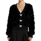 Yimoon Women's Fuzzy Cardigan Sweater Cropped Cardigans Bowknot Brooch Button Knit Sweaters V Neck Long Sleeve Soft Knitwear