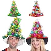 Camlinbo 2 Pcs Christmas Hats, Tinsel Tree Santa Hat with 30 Colored LED Lights, 3 Lighting Modes, Xmas Party Costume Accessories