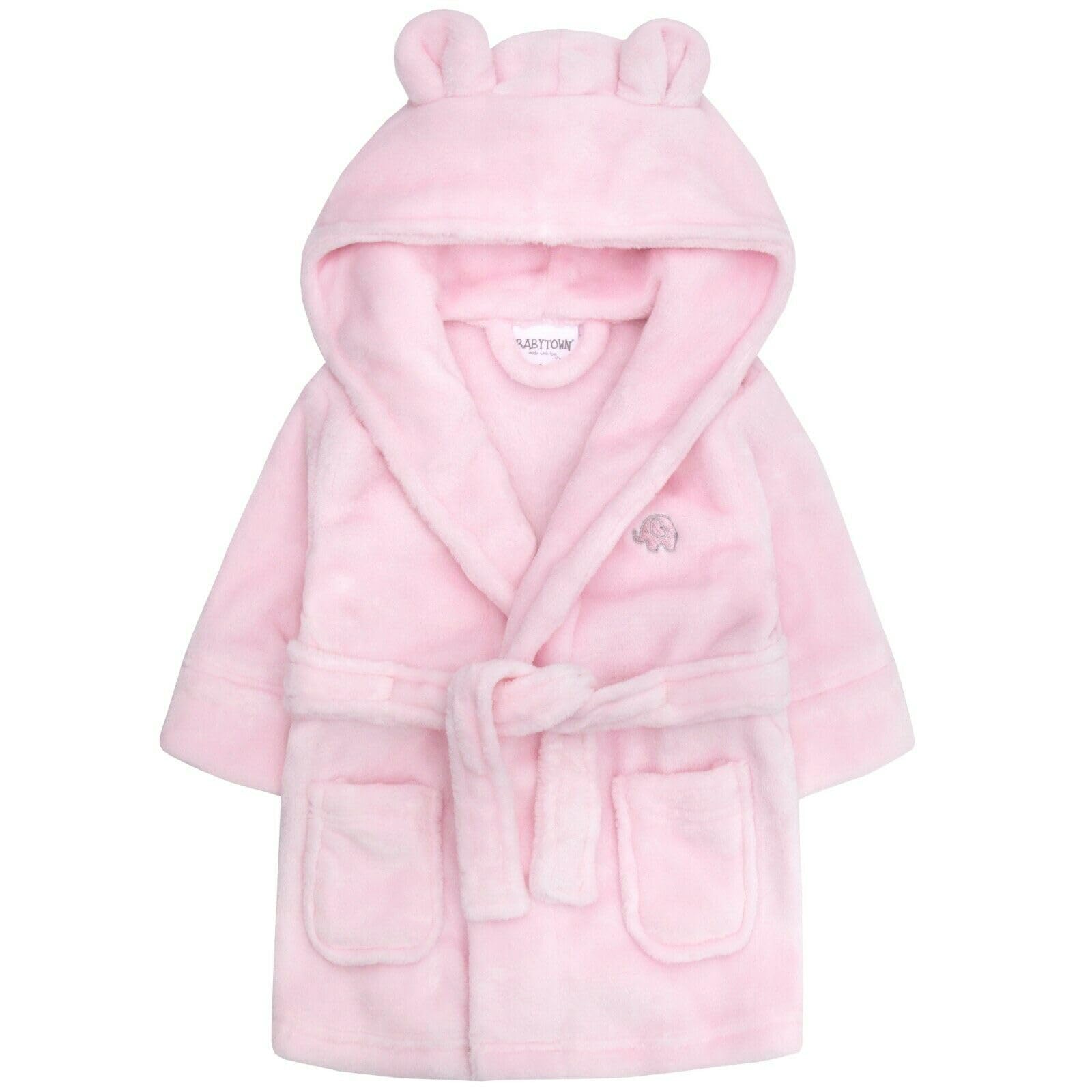 Baby Boys & Girls Unisex Dressing Gown (Ages 6-24 Months) Soft Plush Flannel Fleece Hooded Bath Robe Pink