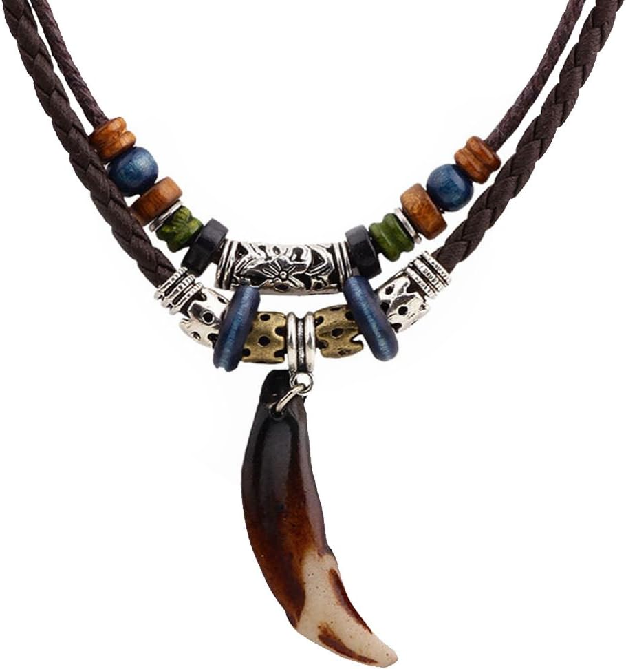 PopJ Charm Wolf Tooth Pendant Tribal Braided Leather Rope Courage Necklace Adjustable