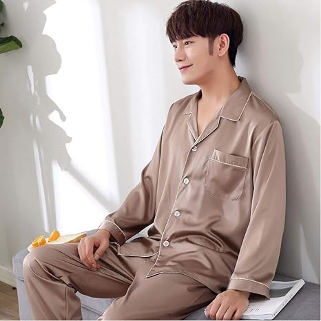 Amazon Co Jp メンズパジャマシャツパンツ睡眠パジャマスーツ長袖パジャマ春と秋シルキー ホーム キッチン