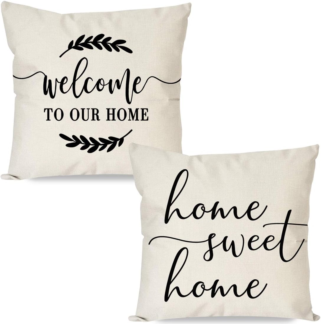 PANDICORN Set of 2 Farmhouse Pillows Covers 18x18 with Words Welcome to Our Home Home Sweet Home for Living Room Décor Porch Front Door