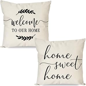 PANDICORN Set of 2 Farmhouse Pillows Covers 18x18 with Words Welcome to Our Home Home Sweet Home for Living Room Décor Porch Front Door