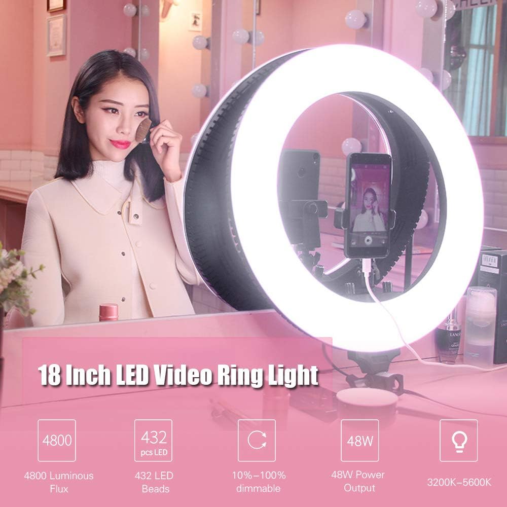 TOPTOO Tolifo R-48B Lite 18 Inch LED Video Ring Light Studio Photography Lamp 48W Adjustable Brightness 3200-5600K Color Temperature with Make-up Mirror Smartphone Holder Carrying Bag