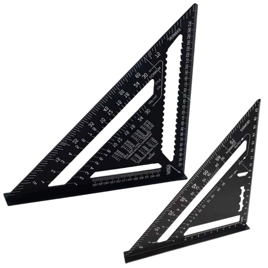 MEETOZ Aluminum 12-inch & 7-inch Rafter Square Carpenter Set Measuring Layout Tool Alloy Metal Triangle Ruler Protractor for Woodworking and Carpentry（Metricl）