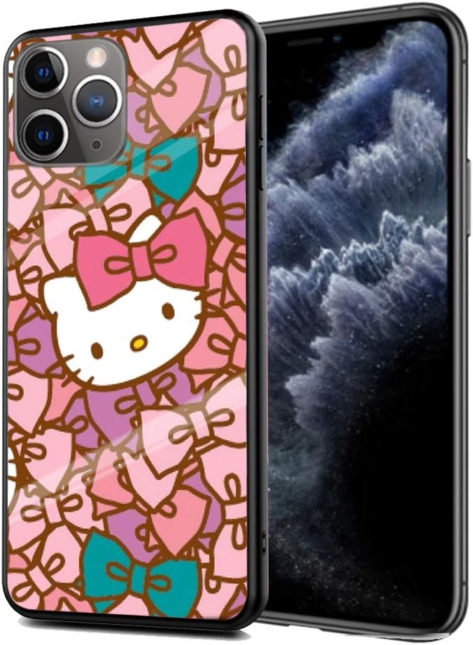 Y2PKZISTORE iPhone 11 Case, Tempered Glass Back Cover + TPU Frame Hybrid Shell Hello Kitty Cute Cartoon Cases Silicone Shockproof Anti-Scratch Cover Compatible for Apple iPhone 11(6.1 inch)#C