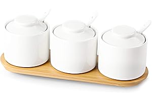 ONTUBE Ceramic Condiment Jar Set of 3 with Tray, Condiment Pot With Spoon and Lid, Seasoning Box,Sugar Bowl, 8oz (White)