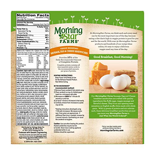 Kellogg's Morningstar Farms Sausage Egg & Cheese Sandwiches - Clean Eating Meals, Vegetarian, Kosher Diary 14.8 oz Box (4 Count)