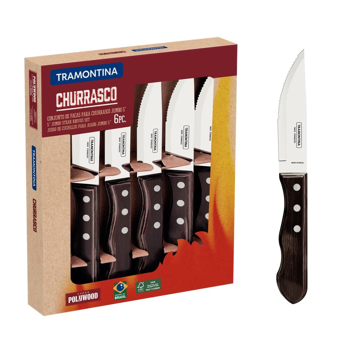 Tramontina 5” Jumbo Steak Knives, Sharp Knife with Wooden Handle, ‎Camping, Kitchen, Rustic, Dishwasher Safe (6 Pcs Knife Set)