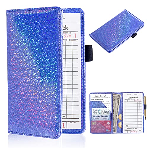 ACdream Server Books for Waitress, Guest Book Note Pad, Cute Pocket Leather Money Organizer Wallet, Cash Check Bill Receipt Holder Presenter, Waiter Accessories, Royal Blue Glitter