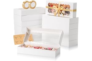 EQOREIIN 24 Pack Bakery Boxes with Window, 16x6.5x2.5 Inch Auto-Popup Cookie Box with Ribbon and Sticks, Long Treat Boxes for