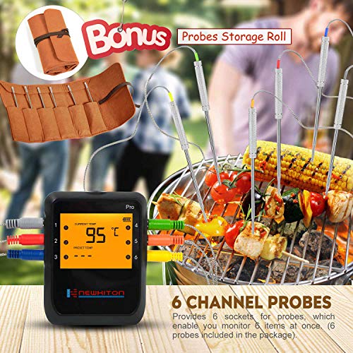 Newkiton Smart Wireless Meat Thermometer with 6 Stainless Steel Probes, APP Controlled Bluetooth Digital Thermometer for Cooking Smoker Grill Barbecue Oven Kitchen, Support iOS & Android
