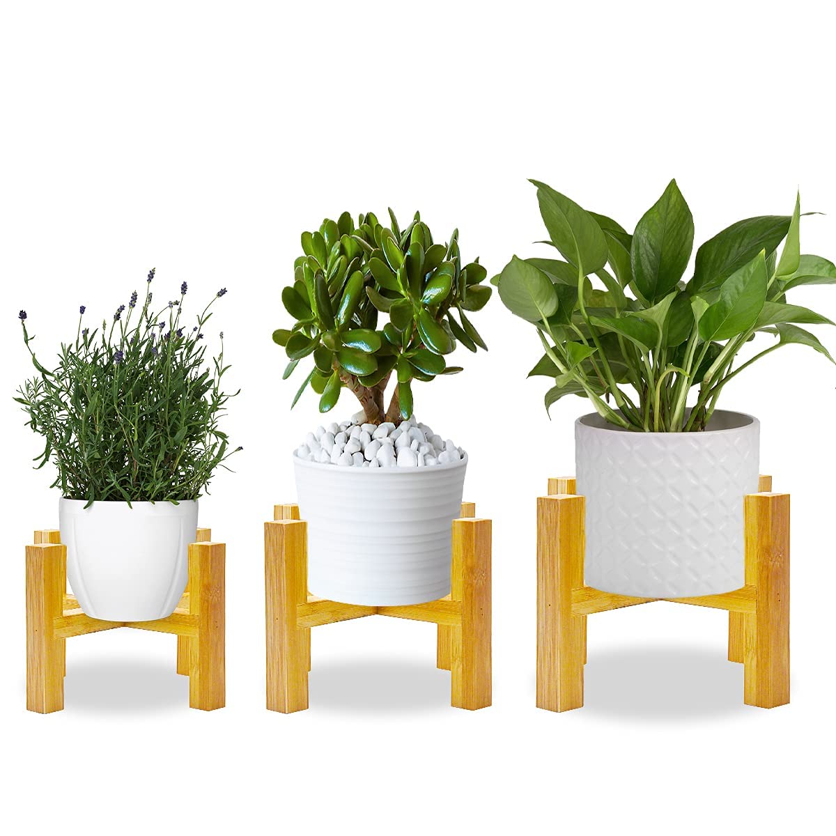 AKOFIC Bamboo Wooden Plant Stand, Set of 3 Flower Pot Small Plant Holder Display Stand, Mid Century Modern Mini Flower Potted Holder Rack for Home Indoor Garden Decor (Excluding Plant and Pot)