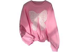 RoseSeek Girl's Bow Graphic Print Preppy Cute Sweatshirts Round Neck Long Sleeve Drop Shoulder Pullovers