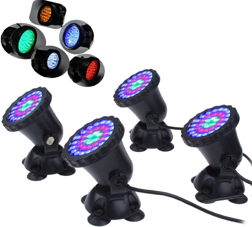 Mingdak LED Underwater Submersible Spot Light Landscape Lamp for Aquarium Fish Tank Garden Fountain Pond Pool,36 Leds Lights,3 Colors Changing Lighting (Set of 4 Lights)