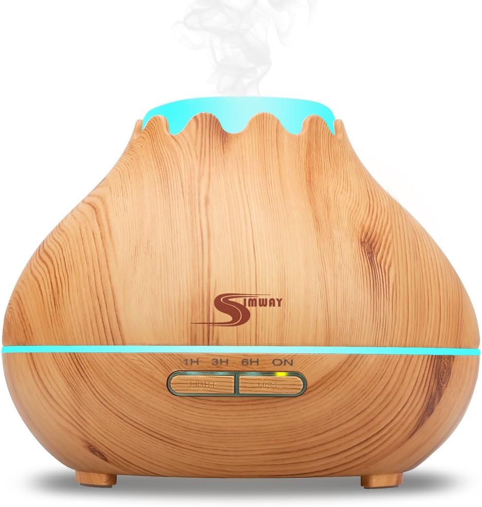 Simway Aroma Essential Oil Diffuser, Aromatherapy 400mL Ultrasonic Cool Mist Aroma Diffuser Humidifier with Waterless Auto Shut-Off, 7 Color LED Lights for Bedroom Living Room
