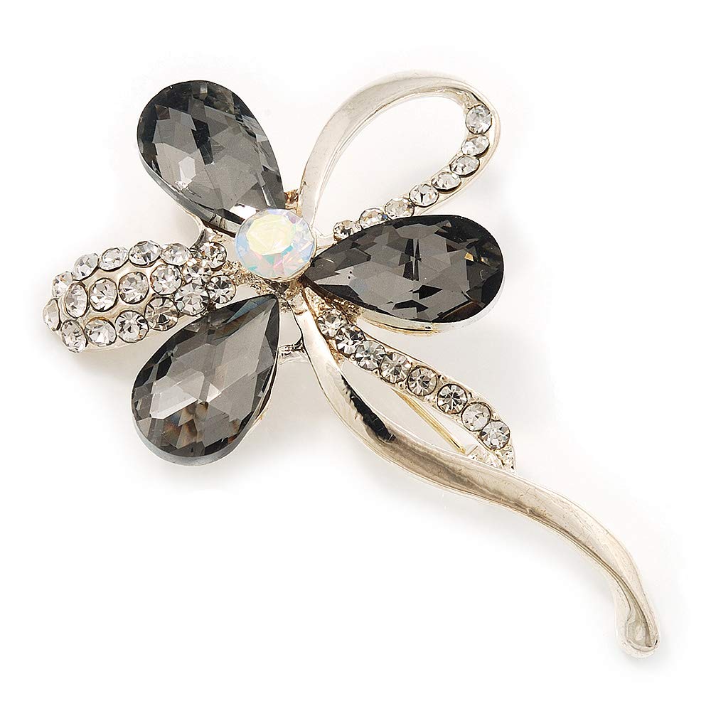 Abstract Light/Grey Clear Diamante Floral Brooch In Gold Finish - 6cm Length