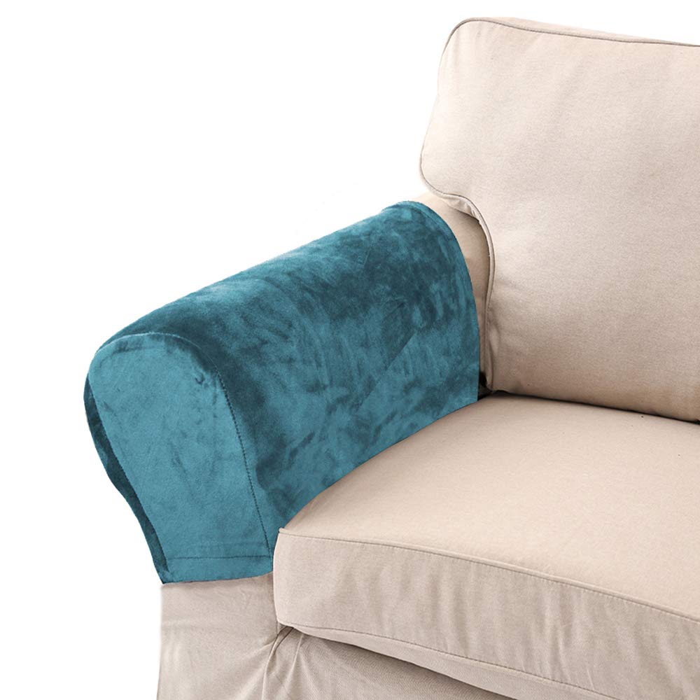 Golden Apple Velvet Soft Arm Slipcovers - Pack of 2 Elastic Armrest Protectors - Removable Sofa Arm Covers (Lake Blue)