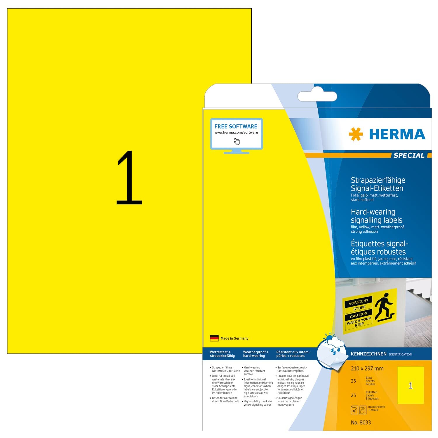HERMA Yellow Weatherproof Film Labels, 25 Sheets, 210 x 297 mm, 25 Labels, Blank, Sticky, Laser & Copier Compatible