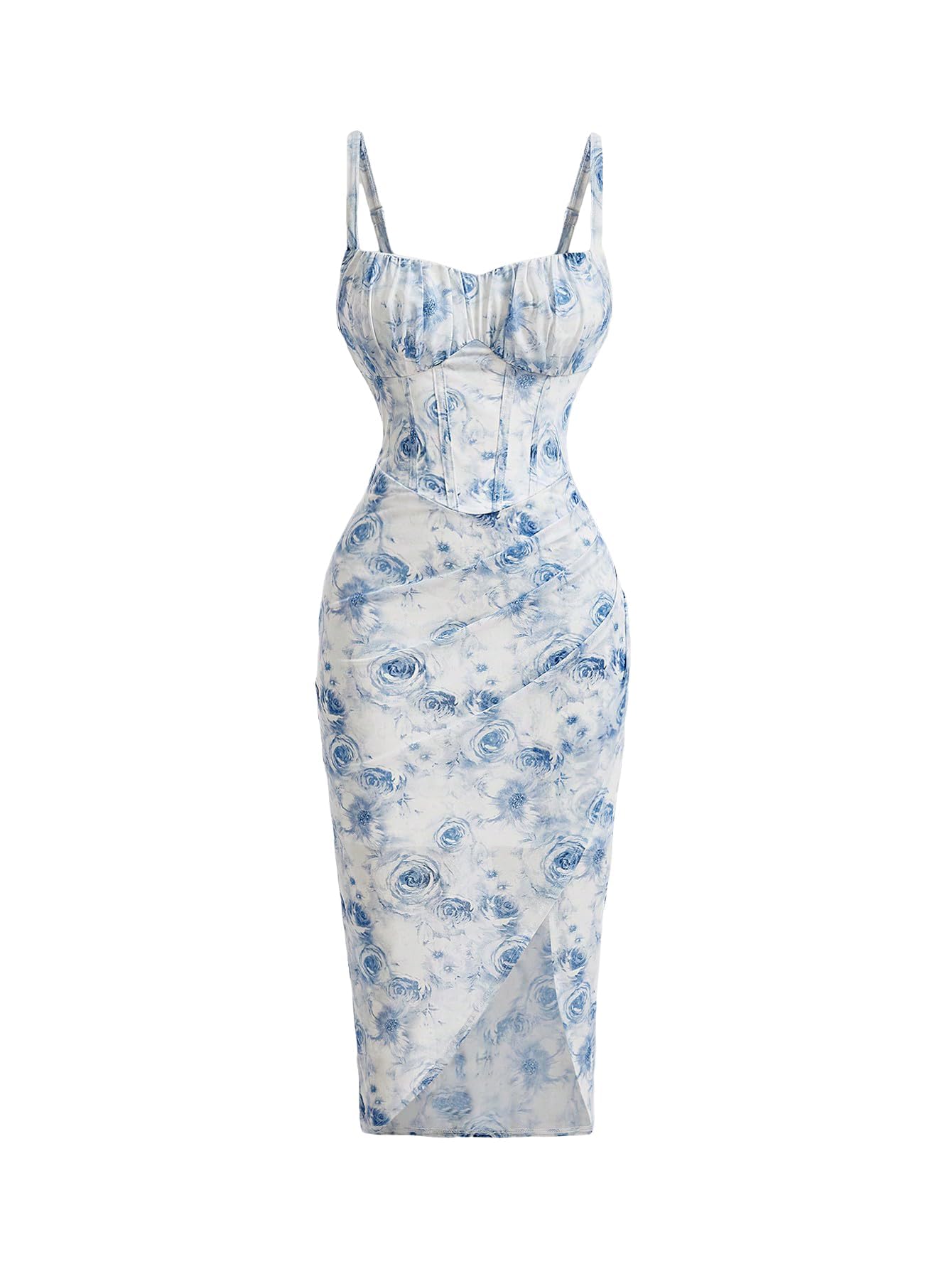 Photo 1 of BEAUDRM Women's Floral Print Ruched Sleeveless Spaghetti Strap Midi Pencil Dress Boho Bodycon Split Thigh Cami Dresses Blue SIZE LARGE