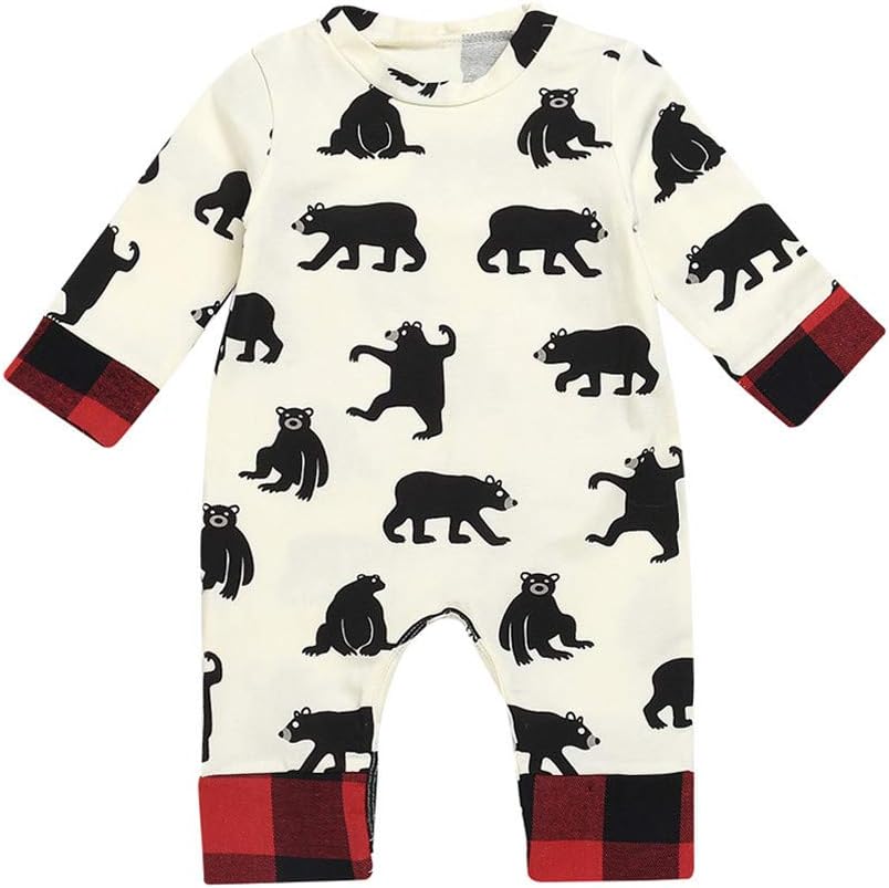 kaiCran Baby Bear Romper Boy Girl Long Sleeve Cute Onesie with Bear Bum Letter Print Plaid Jumpsuit