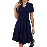 Mokayee Womens Summer Short Sleeve V Neck Fit and Flare A Line Business Casual Wedding Guest Work Dresses with Pockets