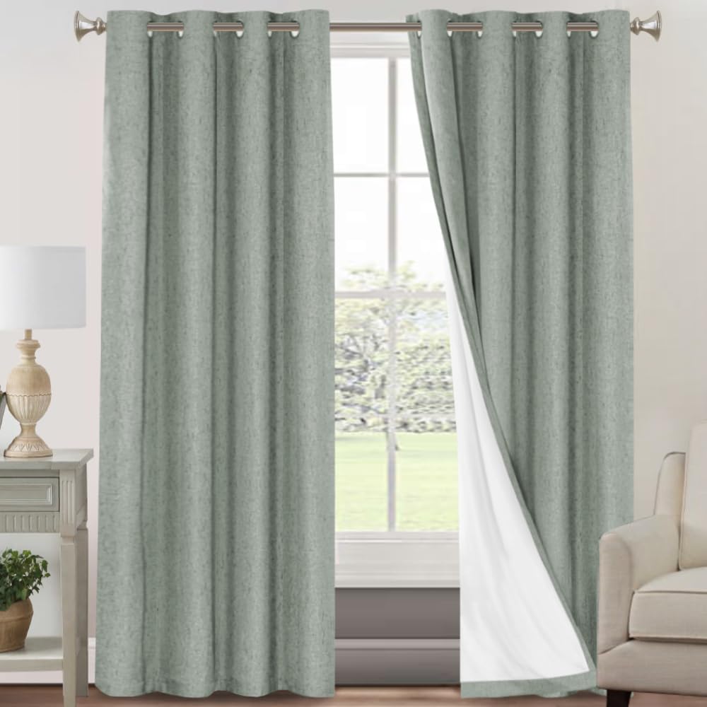 Photo 1 of PrinceDeco 100% Blackout Curtains for Bedroom Linen Blackout Curtains 84 Inches Long Anti-Rust Grommet Room Darkening Curtains & Drapes Energy Saving with White Liner, 2 Panels, Green Bay
